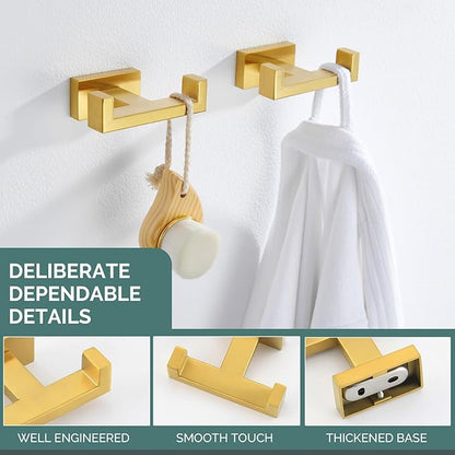 Angle Simple Double Towel Hook Brassy Gold 2 PCS, SUS304 Stainless Steel Bathroom Hand Towel Holder, Double Robe Hook for Wall
