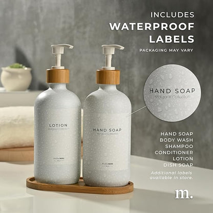 MaisoNovo Glass Soap Dispenser Bathroom Set | Hand Soap and Dish Soap Dispenser Set | 16.9oz White Bottles with White Bamboo Pump | Bathroom Lotion Dispenser with Pump Set of 2
