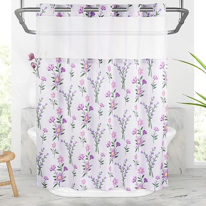 Lagute SnapHook Floral Shower Curtain with Snap-in Liner for Bathroom| No Hook Needed| Mesh Top Window| Machine Washable| Hotel Grade| 71Wx74L，Purple Bouquet