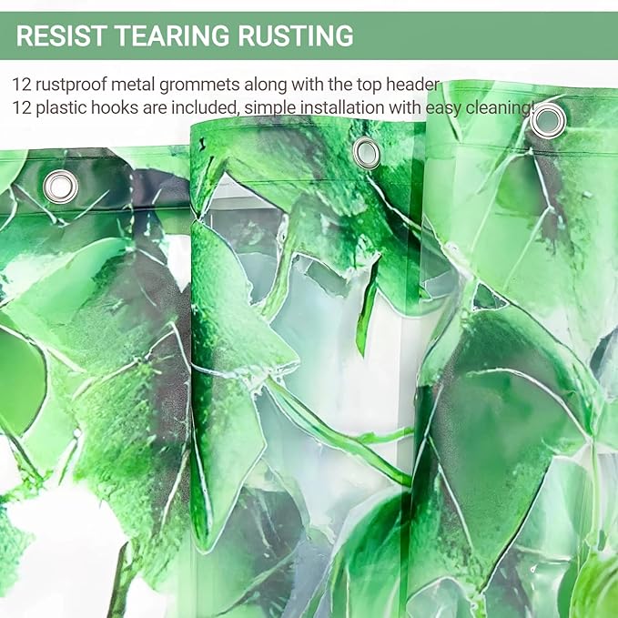 Clear Green Ivy Leaves Shower Curtain Liner, Transparent Plastic Nature Green Botanical Leaf Decorative Waterproof Shower Curtains for Bathroom, 72x78 Weighted Magnetic Shower Curtain Liner with Hooks
