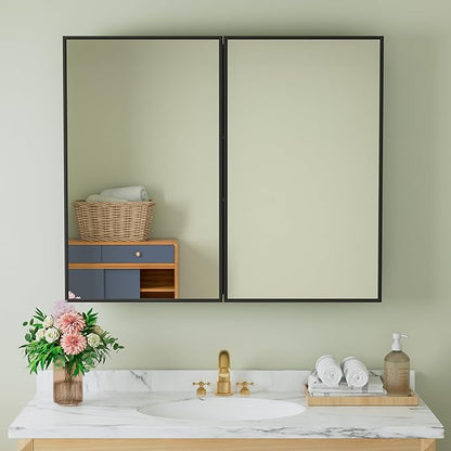Buruis 36" x 30" Framed Medicine Cabinet with Mirror, Recessed or Wall Mounted Bathroom Cabinet, Adjustable Tempered Glass Shelves, Left/Right Open Reversible, No Assembly Required, Black
