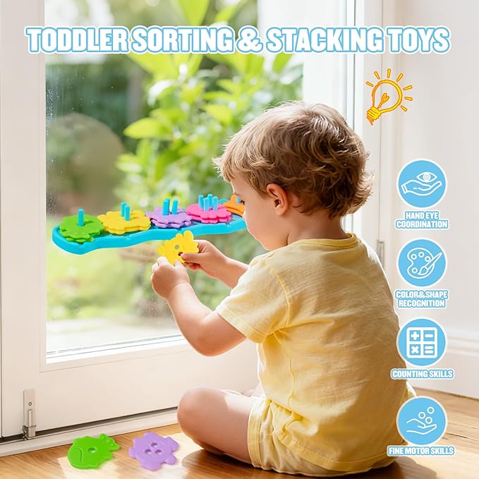 Bath Toys for Kids Ages 1-3 Mold Free Bath Toys Color and Shape Sorting & Stacking Toys with 21 Soft Rubber Floating Pieces for Babies 18+ Months, Early Learning Educational Bathtub Toddler Toys