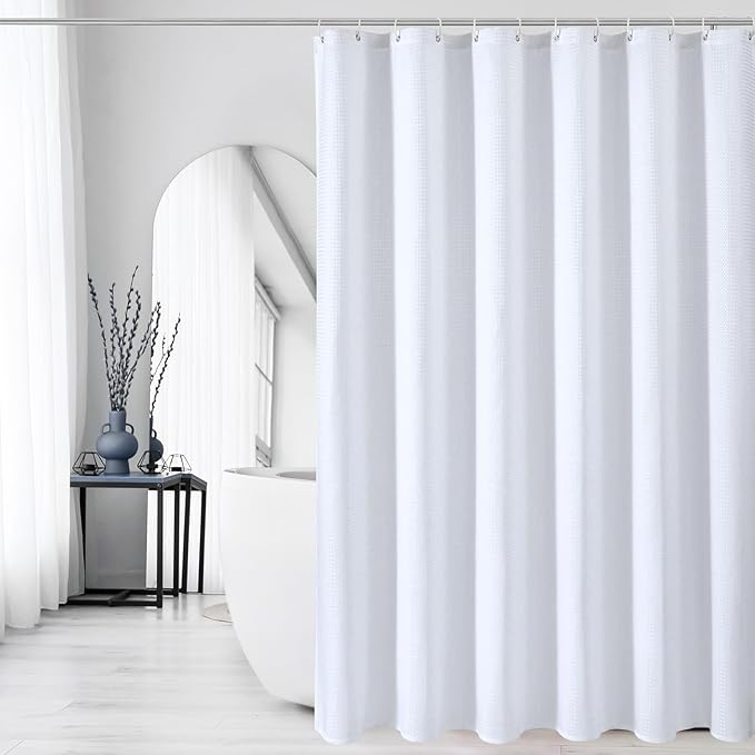 Gibelle Small Stall Shower Curtain 36 x 72, Narrow Half Waffle Weave Textured Fabric Shower Curtain for Bathroom, Water Repellent, Machine Washable, White