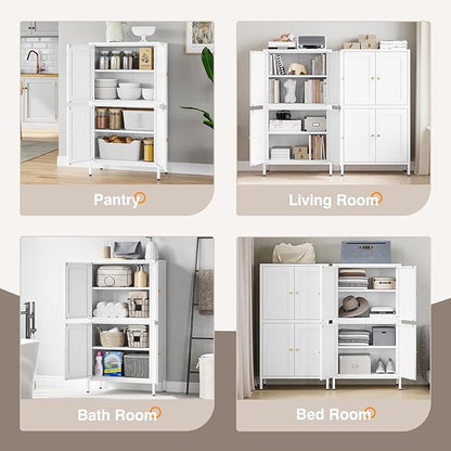 Yizosh Metal Pantry Cabinet,Tall Kitchen Pantry Storage Cabinet with 4 Doors and 2 Adjustable Shelves - 43" White Cupboard Cabinet for Kitchen,Living Room,Dining Room,Home