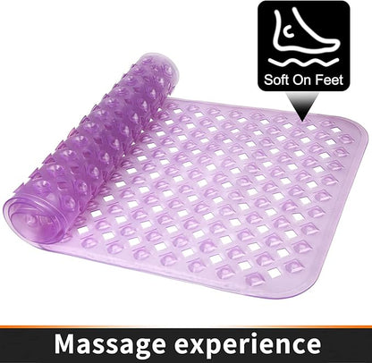 Yimobra Bathtub Mat Non Slip, Super Strong Suction Cups, 27.5"x15.5" Long Shower Mat with Drain Holes, Machine Washable Fast Draining Bath Mats, Bathroom Essentials,Clear Purple