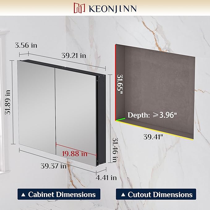 Keonjinn 40 x 32 Inch Large Medicine Cabinet for Bathroom, Black Lightweight Combined Double Doors Mirrored Cabinet, Assembly Needed, Recessed or Wall Mount, Flexiable Ample Storage, Soft Closing