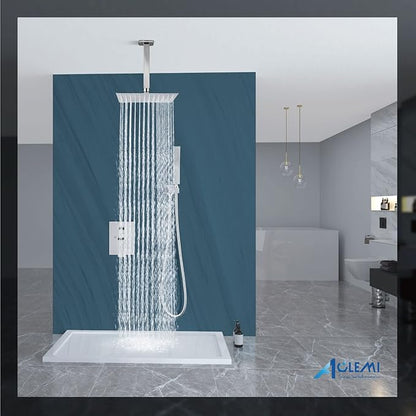 Aolemi Ceiling Mount Shower System Rain Shower Head with Handheld Spray High Pressure Shower Faucet Set Rough-in Valve Shower Trim Kit Included Bathroom Polish Chrome 10 Inch Ceiling Shower Head