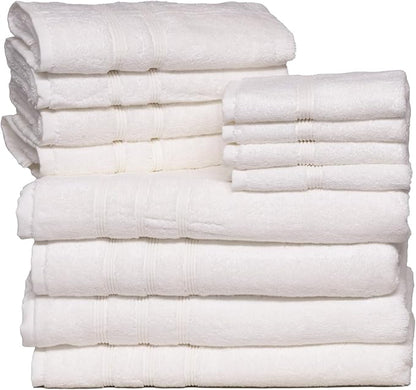 Mosobam Luxury Turkish 12pc Towel Set 30X58 16X30 13X13 White Oversize 700 GSM Bamboo Viscose & Aegean Turkish Combed Cotton