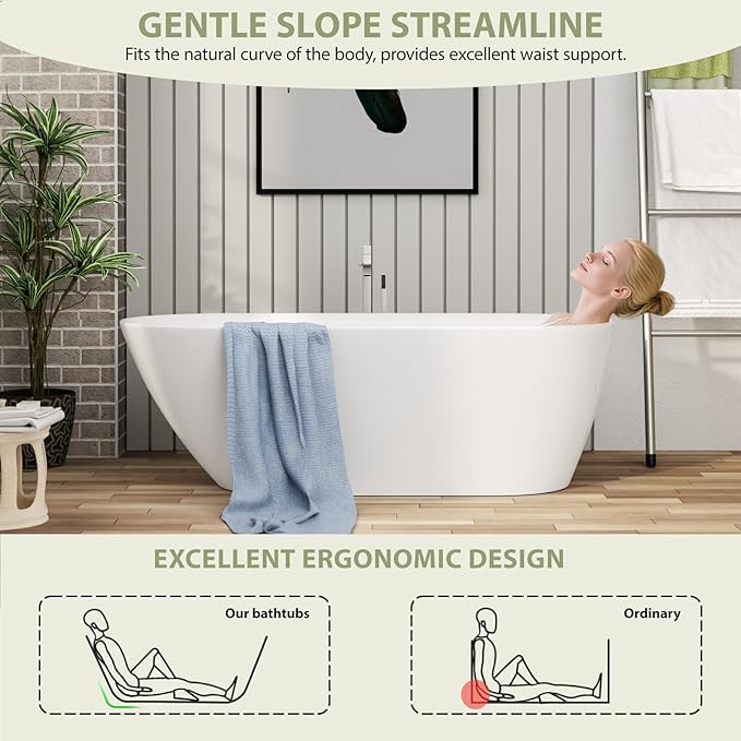 Mocoloo 67" Acrylic Freestanding Bathtub Contemporary Soaking White Bath Tub with Gold Overflow and Drain