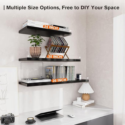 Wall Shelf Set of 3,Dark Wood Floating Shelves 36 in W x 10 in D x 1 in H, Wooden Floating Wall Shelf with Invisible Brackets for Living Room/Bedroom/Bathroom/Kitchen Storage and Decor