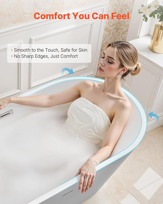 VEVOR Acrylic Freestanding Bathtub, 59 Inch Contemporary Soaking White Tub with Brushed Nickel Overflow and Drain, Elegant Oval Shape Stand Alone Soaker Tub for Modern Bathroom or Remodel Projects