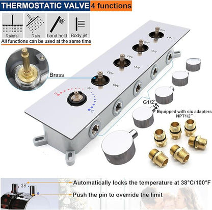 Thermostatic Shower System with 14x20 Inch Ceiling Mount LED Head & 6 Inch Wall Head and Handheld Shower 4 Function Vale with body jets Can All Run Together,Polished Chrome