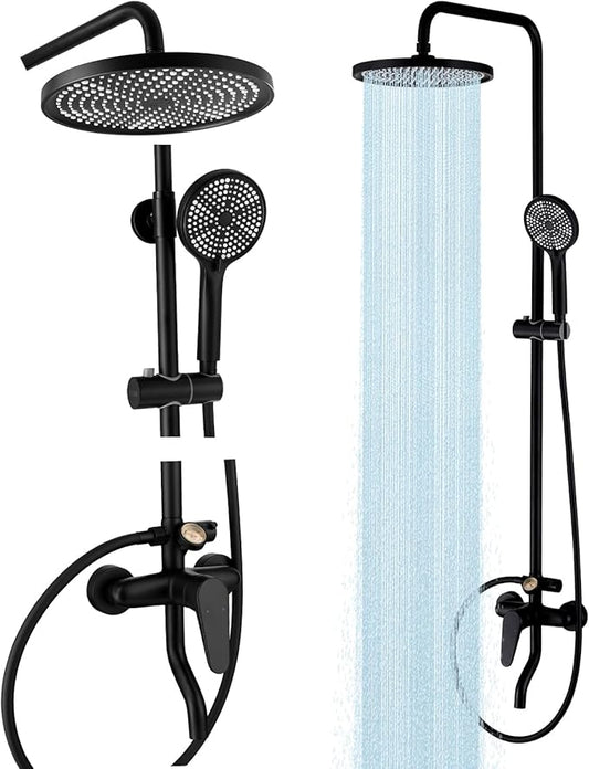 Outside Shower Kit,3 Functions Handle Tub Rainfall Shower Faucet Sets with Dial Thermometer Brass Valve, Black Exposed Shower Pipe System with 10'' Rainfall Shower Head Adjustable