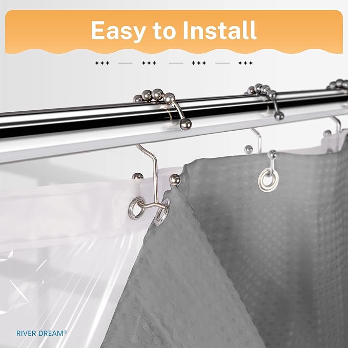 River Dream 3 in 1 Shower Curtain Set, Waffle Fabric Shower Curtain and Waterproof Clear Liner Set with Double Sided Metal Hooks, Grey, 72" W*78" H