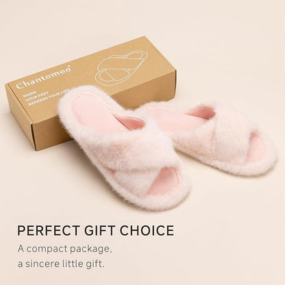 Chantomoo Womens Slippers Memory Foam Fuzzy Cross Band Faux Fur Slippers for Women Gift