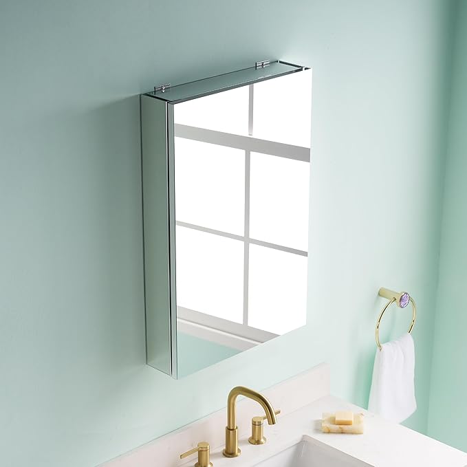 WELLFOR 16" x 24" Bathroom Medicine Cabinet, Anodized Chrome Aluminum Frame, Medicine Cabinet with Adjustable Glass Shelves, Bathroom Cabinet with Reverse Door Installation, Surface or Recessed Mount