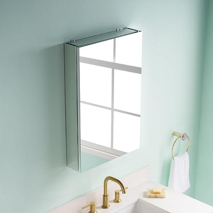 WELLFOR 16" x 24" Bathroom Medicine Cabinet, Anodized Chrome Aluminum Frame, Medicine Cabinet with Adjustable Glass Shelves, Bathroom Cabinet with Reverse Door Installation, Surface or Recessed Mount