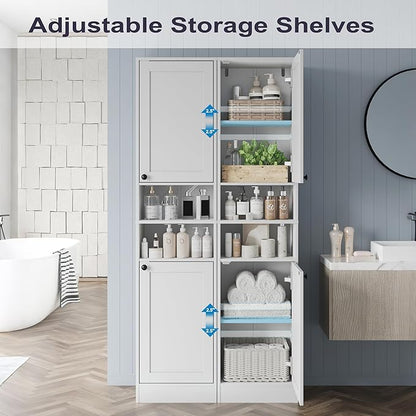 67" Tall Bathroom Cabinet with 2 Doors, Narrow Freestanding Floor Cabinet, Slim Storage Unit with Adjustable Shelves for Bathroom, Living Room, Entryway, Kitchen, White
