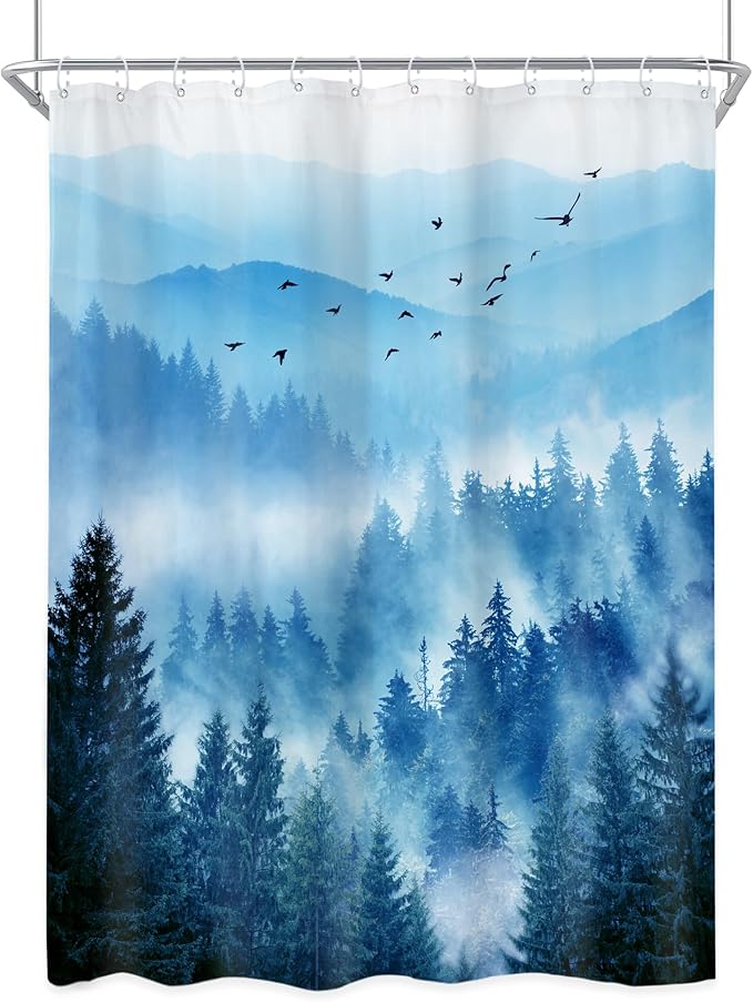 Riyidecor Navy Blue Shower Curtain 48Wx72H Inch,Stall Narrow Rv Small Nature Mountain Woods,Rustic Landscape Scenery Pine Tree Woodland Cool Bathroom Decor Fabric Polyester Waterproof 12 Pack Hooks