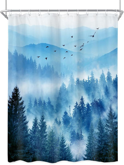 Riyidecor Navy Blue Shower Curtain 48Wx72H Inch,Stall Narrow Rv Small Nature Mountain Woods,Rustic Landscape Scenery Pine Tree Woodland Cool Bathroom Decor Fabric Polyester Waterproof 12 Pack Hooks
