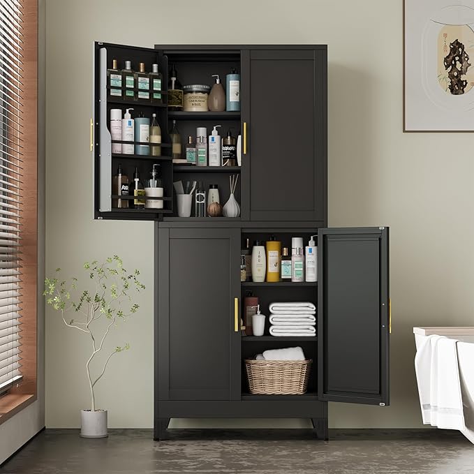 75" Tall Metal Kitchen Pantry Storage Cabinet, Freestanding Cupboard Storage Cabinet with 4 Doors and 4 Adjustable Shelves, Large Stand Up Food Cupboard for Dinning Room, Bathroom（Black）