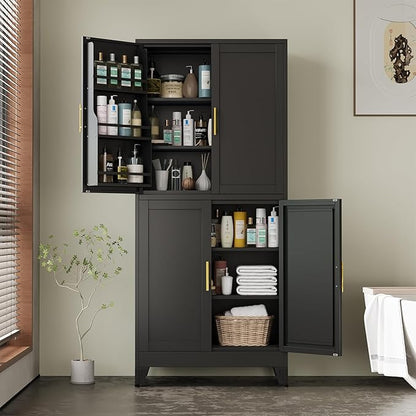 75" Tall Metal Kitchen Pantry Storage Cabinet, Freestanding Cupboard Storage Cabinet with 4 Doors and 4 Adjustable Shelves, Large Stand Up Food Cupboard for Dinning Room, Bathroom（Black）