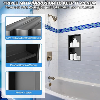 304 Stainless Steel Shower Niche Insert-24 x 12" No Tile Needed Bathroom Niche for Shower Wall-Double Shelves Built in Shower Shelf-Waterproof Recessed Cabinet for Bathroom Living Room Study Kitchen