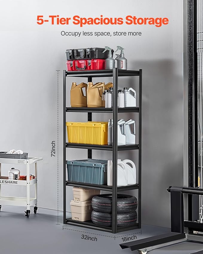 VEVOR Storage Shelves, 2000 lbs, 5 Tier Garage Storage Shelving, 18" D x 32" W x 72" H Adjustable Metal Shelves for Garage Shelves Utility Rack Shelf, Ideal for Kitchen, Warehouse, Basement, Black