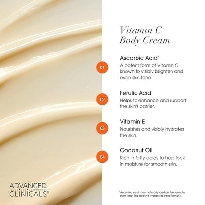 Advanced Clinicals Vitamin C Cream Visibly Brightening Body Lotion | Vitamin C Moisturizer Skin Care Body Cream For Women & Men Visibly Improves Look Of Dark Spots & Uneven Skin Tone, W/Travel Size