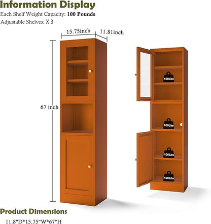 COFaR 67" Tall Metal Bathroom Storage Cabinet,6-Tier Narrow Cabinet with Glass Doors and Adjustable Shelves,Linen Cabinet for Small Spaces,Tall Cabinet for Bathroom,Living Room,Orange