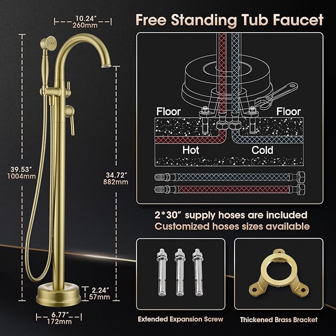 Freestanding Tub Faucets, Brass Freestanding Bathtub Faucet with Hand Shower, Floor Mount Tub Filler with Sprayer Brushed Light Gold（WT-9811BG03）