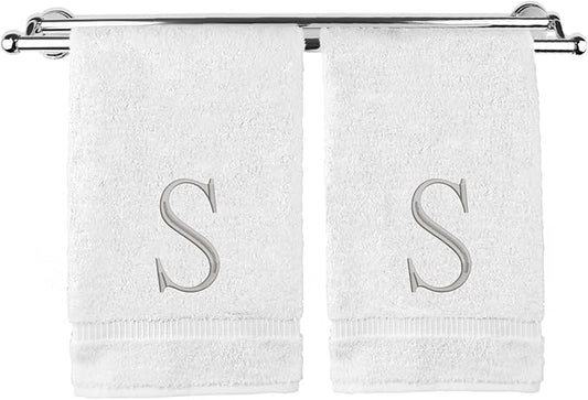 Monogrammed Hand Towel, Personalized Initial Gift, Extra Absorbent 100% Turkish Cotton - Soft Terry Finish - Set of 2 - Silver Block Initial S - Embroidered on White Towels