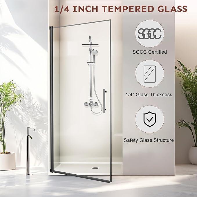 36-Inch Black Shower Door – 72" Height – 115° Opening (Left/Right) – Magnetic Seal – Aluminum Frame – Sliding/Walk-in Glass Enclosure – Tempered Glass