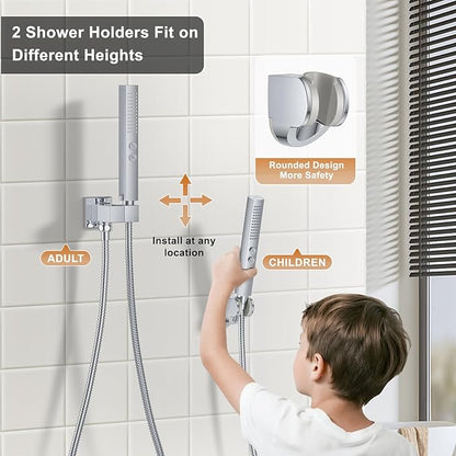 Chrome Shower Faucet Set, Ceiling Mount Shower System 12" & 6" Dual Shower Head Set with 2 in 1 Handheld Spray Rain Shower Head Sets with Rough-in Valve and Shower Trim Kit, Polished Chrome