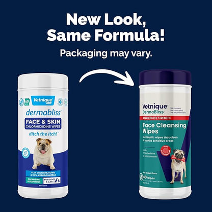 Vetnique Dermabliss Dog Face Wipes - Medicated Chlorhexidine Wipes for Dogs with Wrinkles, French Bulldog, English Bulldog Dog Grooming Wipes Cleaning & Deodorizing Dog Wipes