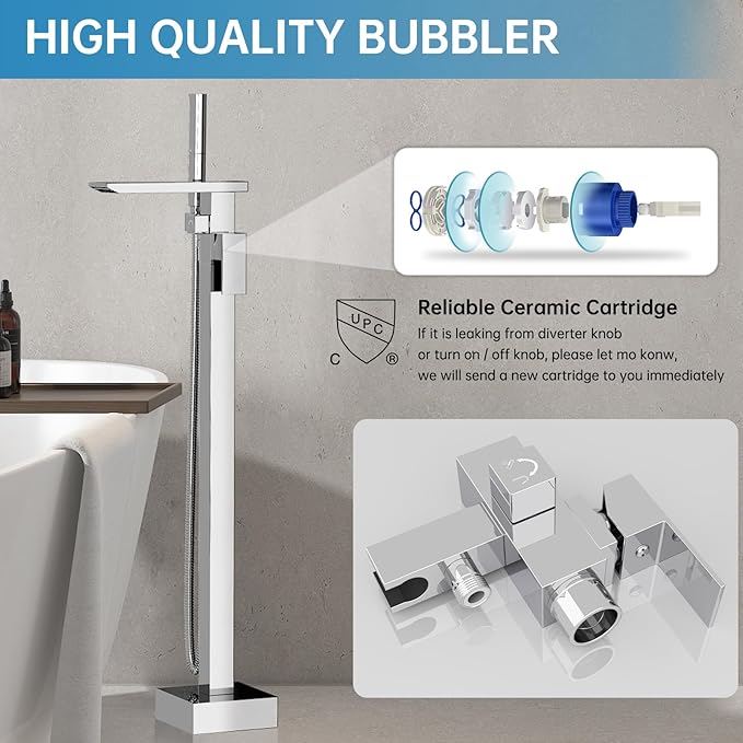 RUMOSE Polished Chrome Bathtub Filler Freestanding Tub Filler Floor Mount Tub Faucet Waterfall Bathtub Faucet with CUPC Certified High Flow Brass Bath Shower Faucets with Handheld Sprayer