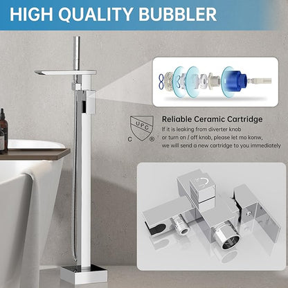 RUMOSE Polished Chrome Bathtub Filler Freestanding Tub Filler Floor Mount Tub Faucet Waterfall Bathtub Faucet with CUPC Certified High Flow Brass Bath Shower Faucets with Handheld Sprayer