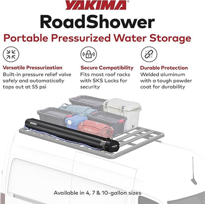 Yakima RoadShower Portable Aluminum Pressurized Water Storage with Garden Hose Adapter and 2 Outlet Water Ports