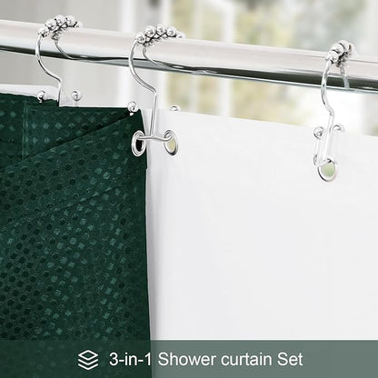3 in 1 Long Dark Green Shower Curtain Set-72 W x 78 H, Modern Waffle and PEVA Liner Set with 12 Stainless Steel Hooks, Waterproof Fabric for Bathroom