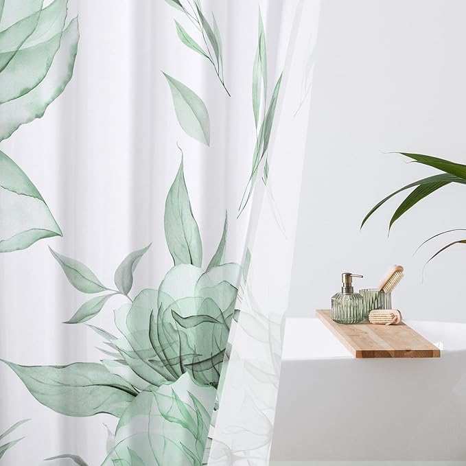 Small Stall Boho Watercolor Floral Shower Curtain 36 x 72, Green and Grey Ink Painting Style Flower Shower Curtains for Chic Elegant Bathroom, Artistic Narrow Half Size Shower Curtain