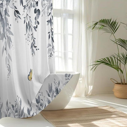 No Hook Shower Curtain and Liner Set, Blue Grey Eucalyptus Floral Shower Curtains for Bathroom, Bath Curtain Sets with Snap in Liner, Waterproof with See Through Top Window, 71x74 Inches