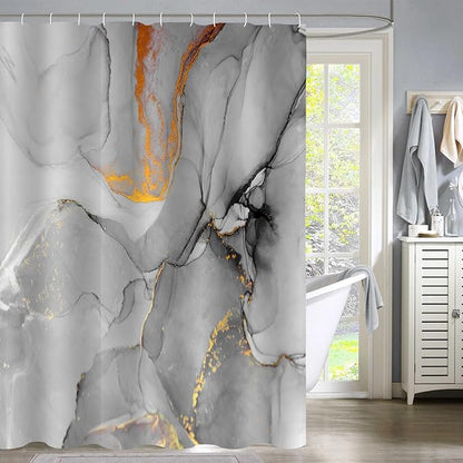 Gibelle Abstract Marble Shower Curtain, Grey Jade Texture Gold Stripes Ombre Watercolor Paint, Modern Ink Art Decor Waterproof Fabric Curtain for Bathroom Set, 71x71