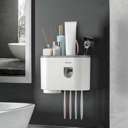 No-Drill Wall Mounted Toothbrush Holder, Bathroom Shelf, with Automatic Toothpaste Dispensers 4 Brush Hooks1 Magnetic Cups 1 Cosmetic Drawer Organizer and Large Storage (1 Dispenser 1 Cup)