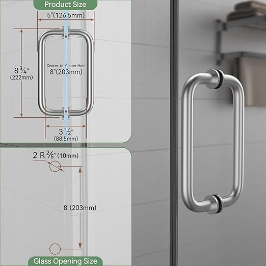 Shower Door Hardware Kit 304 Stainless Steel for 6/25"-1/2" (6mm-12mm) Tempered Glass, Hardware Accessories with 8" Handles Hinges Glass Clamp - Brushed Silver