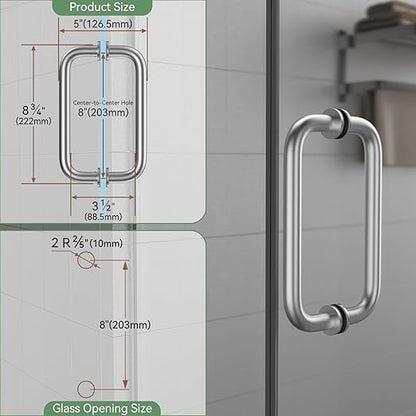 Shower Door Hardware Kit 304 Stainless Steel for 6/25"-1/2" (6mm-12mm) Tempered Glass, Hardware Accessories with 8" Handles Hinges Glass Clamp - Brushed Silver