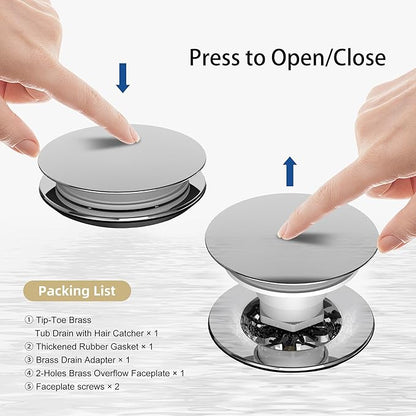 Chrome Plated Tub Drain Kit with Hair Catcher, Premium Brass Mushroom Tip-Toe Bathroom Tub Drain Replacement and 2-Hole Overflow Faceplate, 11.5/16 UNC Bathtub Drain Stopper Assembly