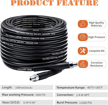 Sewer Jetter Kit for Pressure Washer, 100FT Drain Cleaner Hose 5800PSI with 1/4 Inch NPT Corner, Rotating Nozzle and 4 Different Button Nose Sewer Jet Nozzles, Waterproof Tape and 2 Spanners (Black)