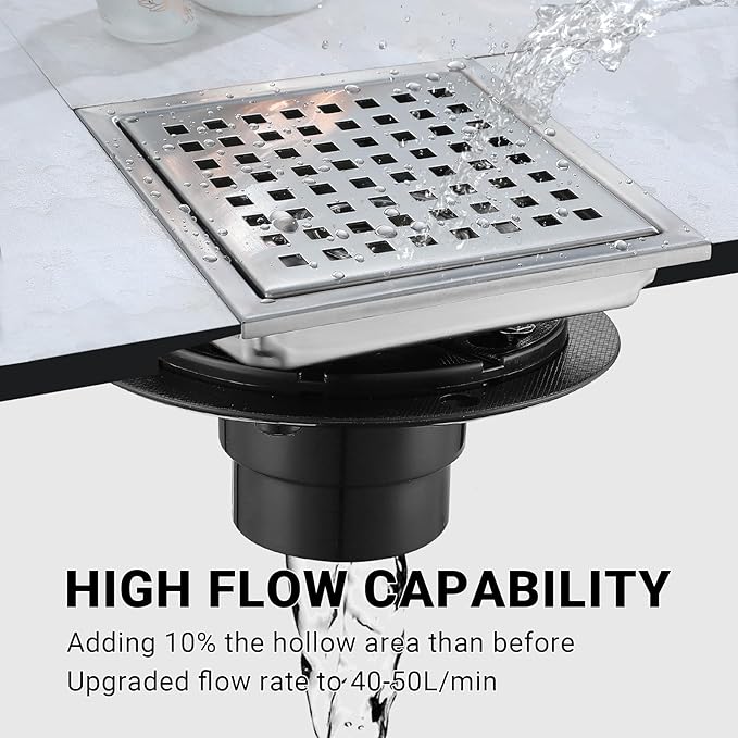 6 Inch Square Shower Floor Drain, Stainless Steel Black Shower Drain Kit with Flange, Floor Drain with Removable Grid Cover,Brushed Nickel