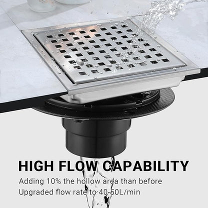 6 Inch Square Shower Floor Drain, Stainless Steel Black Shower Drain Kit with Flange, Floor Drain with Removable Grid Cover,Brushed Nickel