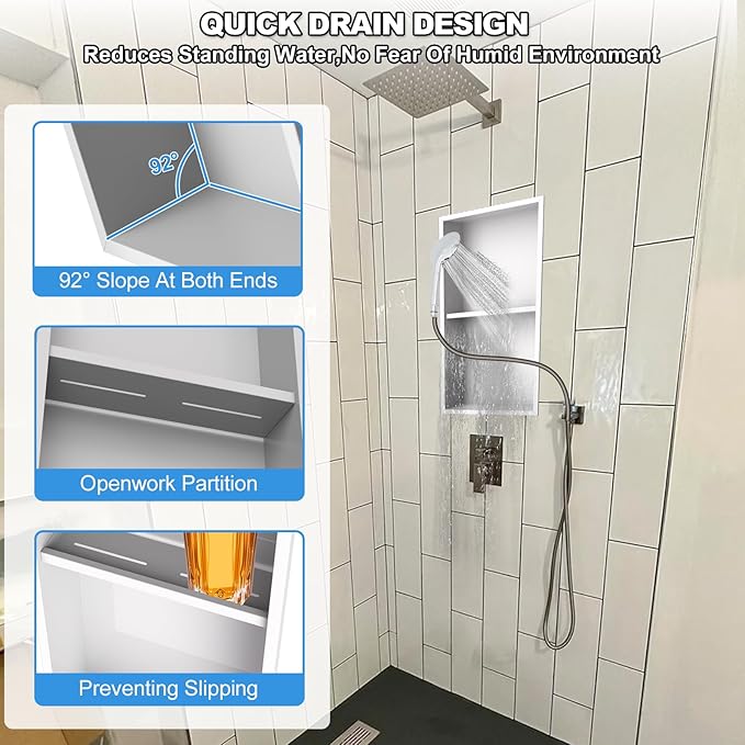 304 Stainless Steel Shower Niche Insert-24 x 12" No Tile Needed Bathroom Niche for Shower Wall-Double Shelves Built in Shower Shelf-Waterproof Recessed Cabinet for Bathroom Living Room Study Kitchen